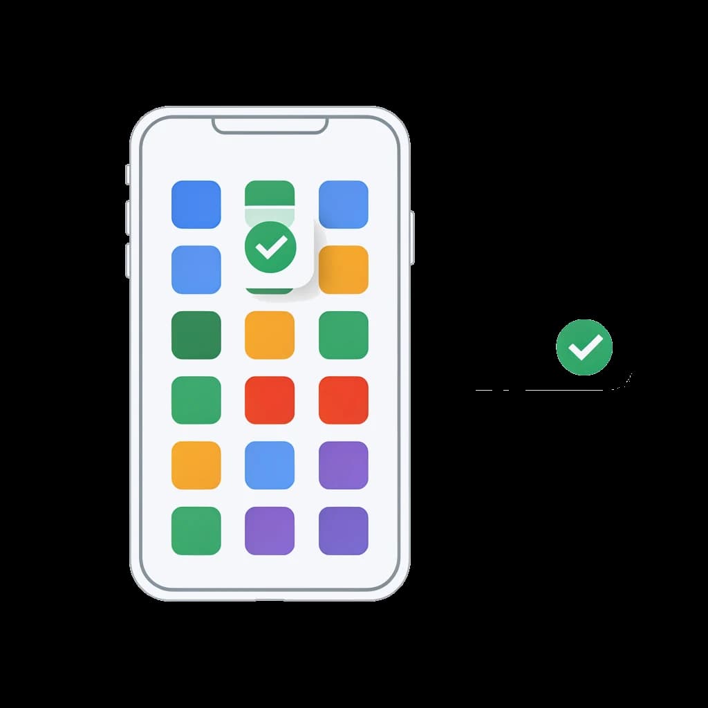 A phone with a grid of app tiles, one lifted with a check mark