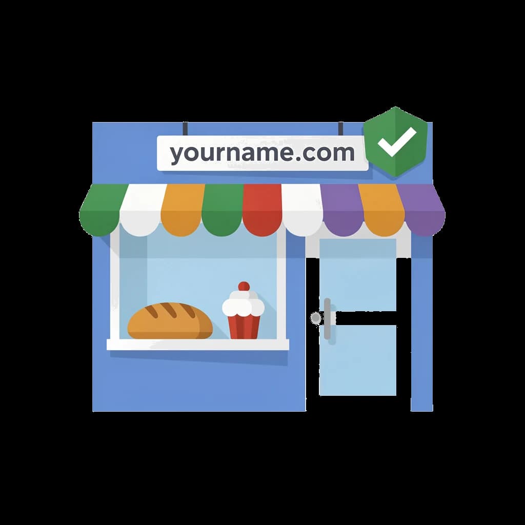 A small storefront with a name tag floating above the door