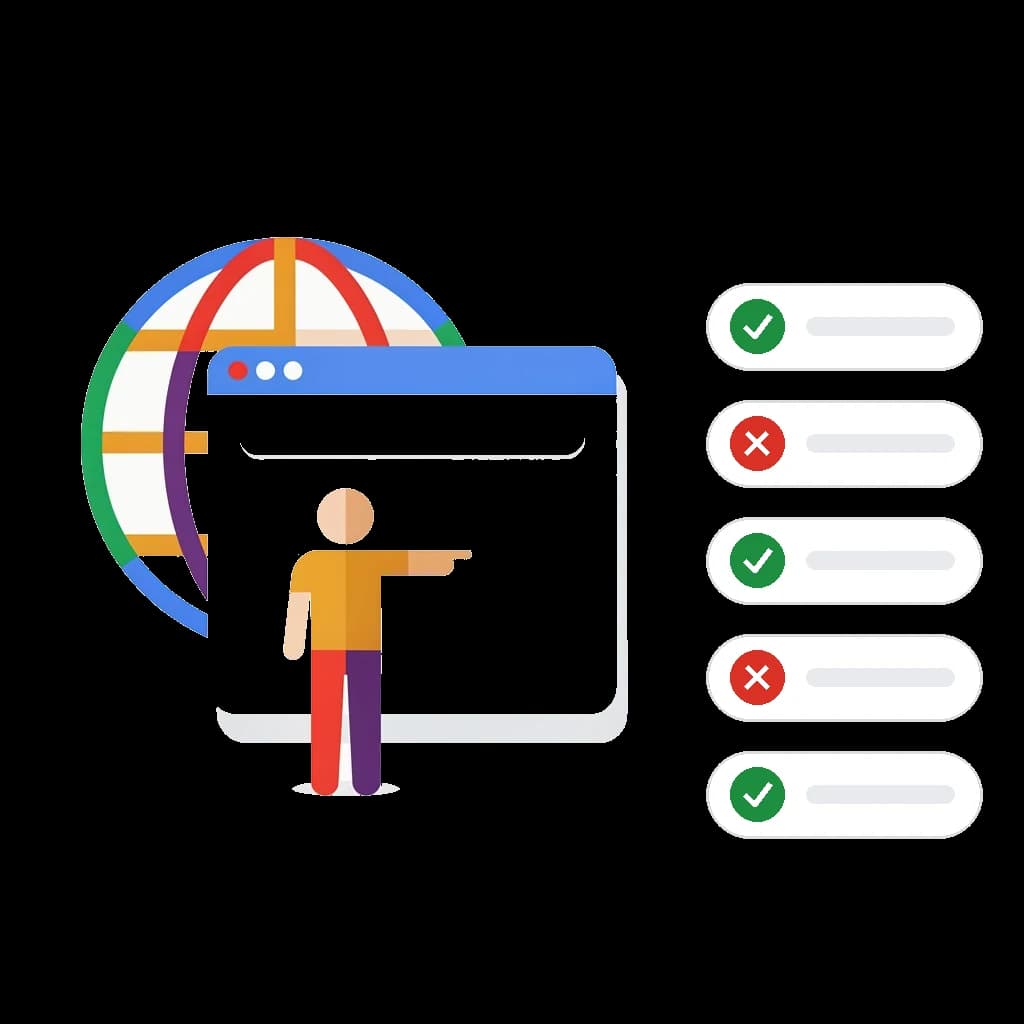 A browser window and a globe with name tags around them