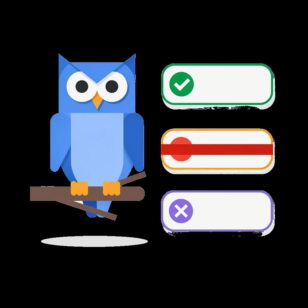An owl beside floating name tags, one checked and one struck through