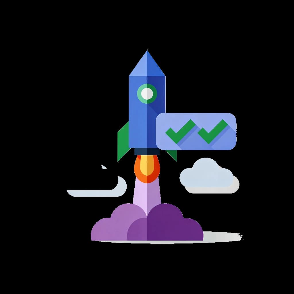 A geometric rocket lifting off with name tags trailing behind it